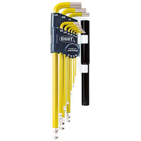 Eight Tool TAPER HEAD HEX KEY L-HANDLE EXTRA LONG SET, 9PC 1/16-3/8INCH YLW W/EXTENSION PIPES TEL-S9NPYE